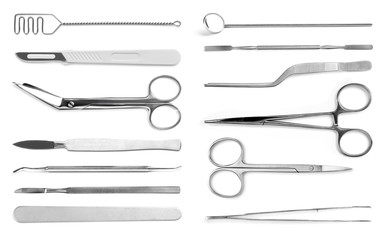 Set with different instruments on white background. Medical objects