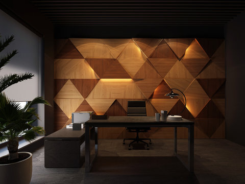 Wood Wall Panels, Desktop In Black Office. 3d Rendering