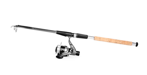 Modern fishing rod with reel on white background