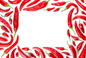 Fototapeta na wymiar Frame made of red chili peppers on white background, top view. Space for text