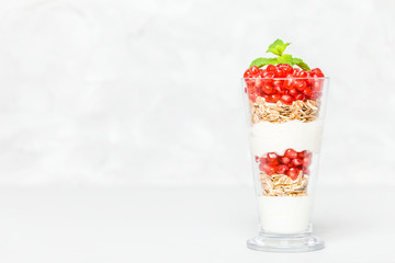 Pomegranate parfait - sweet organic layered dessert with granola flakes, yogurt and ripe fruit seeds.