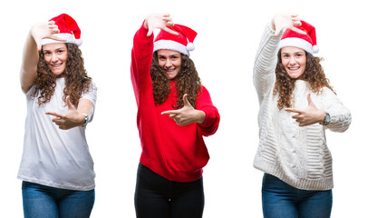 Collage of young brunette girl wearing christmas hat over isolated background smiling making frame with hands and fingers with happy face. Creativity and photography concept.
