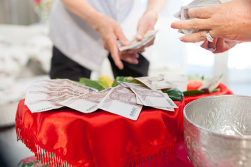 Relatives are counting dowry. The Dowry Marriage in Thai Engagement and  wedding ceremony .