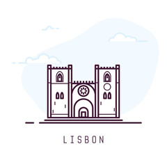 Lisbon city line style illustration. Famous cathedral in Lisbon. Architecture city symbol of Portugal. Outline building vector illustration. Sky clouds on background. Travel and tourism banner.