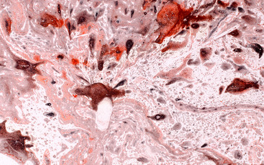 Abstract background for text or image. Ebru technique. Modern art. Marbled paper. Marbleized effect. Marble paper texture. Red and brown.