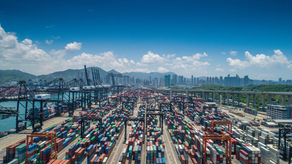 Aerial view of huge industrial port with cargo containers. Commercial logistics industry of china...