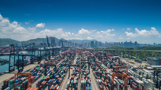Aerial view of huge industrial port with cargo containers. Commercial logistics industry of china Hong Kong