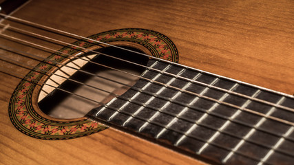 closeup of brown acoustic guitar. art and music background