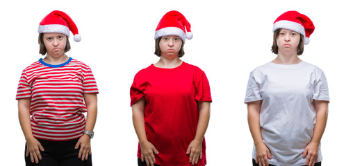 Collage of down sydrome woman wearing christmas hat over isolated background with serious...