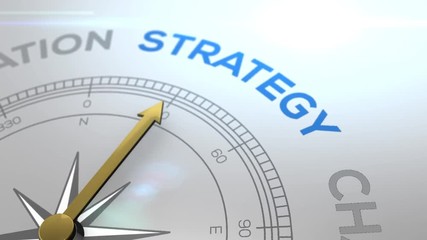 Compass with the text STRATEGY right path, concept video for good direction white shiny background