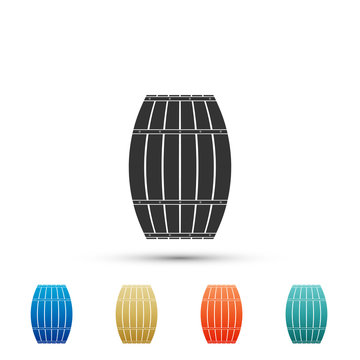 Wooden barrel icon isolated on white background. Alcohol barrel, drink container, wooden keg for beer, whiskey, wine. Set elements in colored icons. Flat design. Vector Illustration