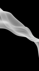 Abstract white wave. Bright white ribbon on black background. White scarf. Abstract smoke. Raster air background. Vertical image orientation. 3D illustration