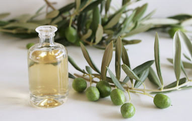 Fresh Organic Olive Oil with bunch of olives and greenery on a isolated on a white background....