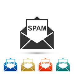 Envelope with spam icon isolated on white background. Concept of virus, piracy, hacking and security. Set elements in colored icons. Flat design. Vector Illustration