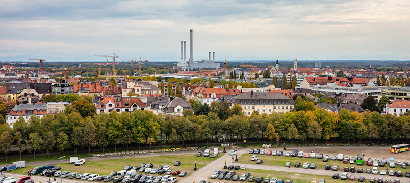 Munich city aerial view on cloudy sky background, Bavaria, Germany