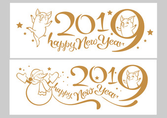 Happy New Year. Chinese new year - pig, vector illustration, set