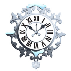 Vintage snowy wall clock with ornate dial and snowflake isolated on white background. Sample of Christmas and New year greeting card, festive poster or party invitations. Vector illustration.