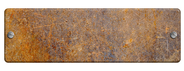 Rusty metal plate with screws on white background