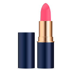Open lipstick ads vector illustration. Cosmetics package mockup. Realistic 3d image. Pink color stick.