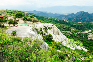Fototapeta na wymiar Landscape of Hierve el Agua, Oaxaca, Mexico. Panoramic view of the mountains from the hot springs of Hierve El Agua.
