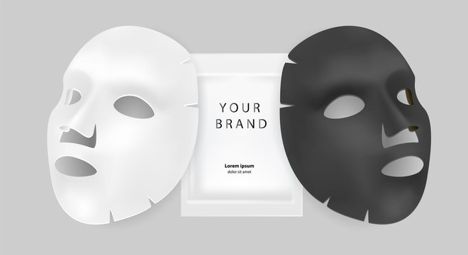 Black and white facial mask cosmetics ads. Realistic vector illustration. Package design for face mask isolated on grey background.