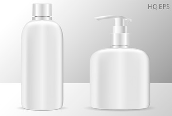 High quality shampoo and soap dispenser bottles cosmetic mockup. EPS Vector illustration ready for your design. Isolated packaging.
