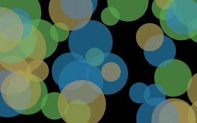 Multicolored translucent circles on a dark background. Green tones. 3D illustration