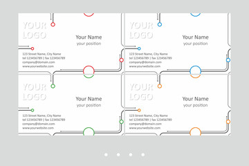 Bright business card vector templates set. Universal decorative geometric seamless design, black lines on the white background with multicolor accent - just place your text. In EPS - CMYK - Calibri