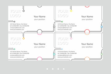 Minimalistic business card vector templates set. Universal geometric seamless design, black lines on the white background with color accent - just place your text. Available in EPS - CMYK - Calibri