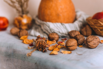 Still life with cinnamon sticks wrapped in twine, pumpkin on a striped linen cloth, apples in a wicker basket stand, walnuts and flower petals in bank. Concept of home comfort in autumn or winter. 