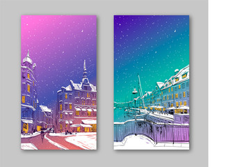 Trendy cover template. Winter city. Merry Christmas and New Year card design. Copenhagen. Denmark. Europe. Hand drawn vector illustration.