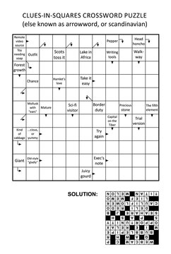 Clues-in-squares crossword puzzle, or arrow word puzzle, else arrowword, scandinavian, or scanword, skanword. General knowledge, non-themed, family friendly. Solution included. 
