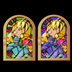 Two vintage stained glass window with a picture of a girl isolated on black background. Vector illustration.