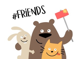 Three happy animal friends makes the selfie with smartphone. Friends forever illustration cartoon vector poster