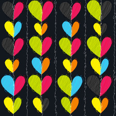 Hearts seamless vector pattern for girlish design. Girlish print with bright hearts on black.