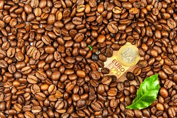 Coffee beans and money. Fair Trade. Sale of coffee. Commodity trade. Fresh coffee beans. Euro banknote.