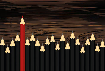 Many group of black pencils but red color standing out from crowd of plenty identical, leadership, independence, initiative, business success concept . Vector isolated on wooden background