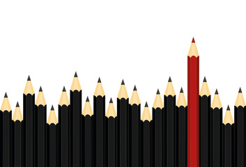 Many group of black pencils but red color standing out from crowd of plenty identical, leadership, independence, initiative, business success concept . Vector isolated on white background