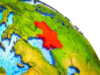 Ukraine Highlighted on 3D Earth model with water and visible country borders.