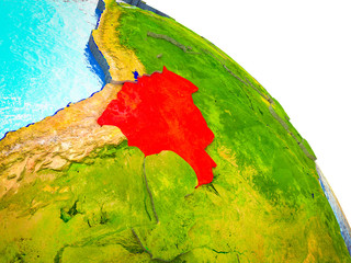 Bolivia Highlighted on 3D Earth model with water and visible country borders.