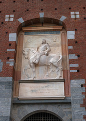 Bas-relief depicting the King Umberto I of Italy on the Filarete Tower of the Castello Sforzesco in Milan, Italy