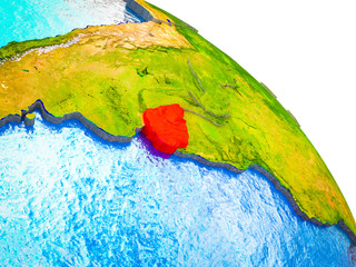 Uruguay Highlighted on 3D Earth model with water and visible country borders.