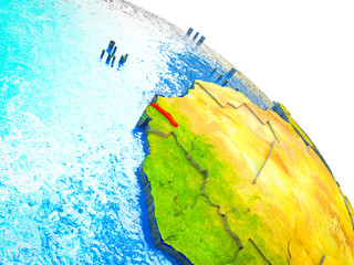 Gambia Highlighted on 3D Earth model with water and visible country borders.