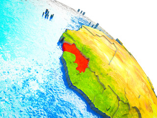 Guinea Highlighted on 3D Earth model with water and visible country borders.