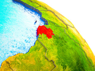 Gabon Highlighted on 3D Earth model with water and visible country borders.