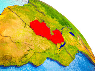 Zambia Highlighted on 3D Earth model with water and visible country borders.
