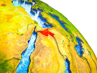 Jordan Highlighted on 3D Earth model with water and visible country borders.