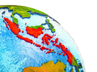Indonesia Highlighted on 3D Earth model with water and visible country borders.