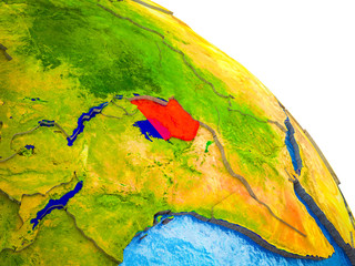 Uganda Highlighted on 3D Earth model with water and visible country borders.