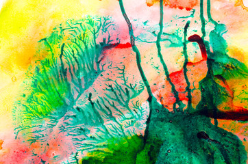 Monotype technique. Modern art. Mixing colors. Flows of paints. Beautiful transition colors. A saturated gradient. Blowing ink. Wind simulation.